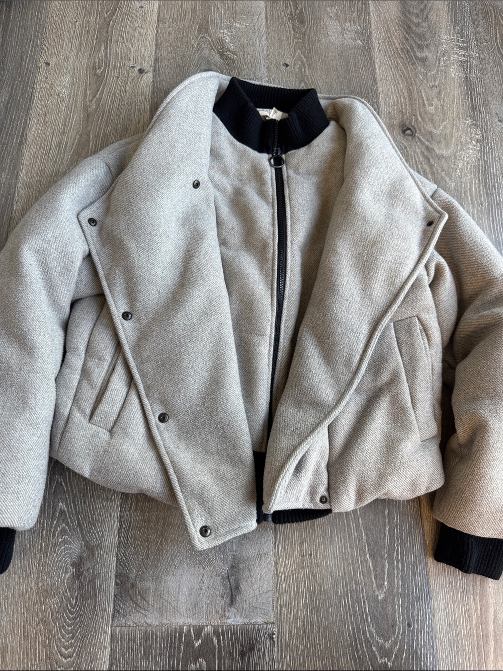 Cropped Bomber Jacket in Light Gray with Black Trim AS